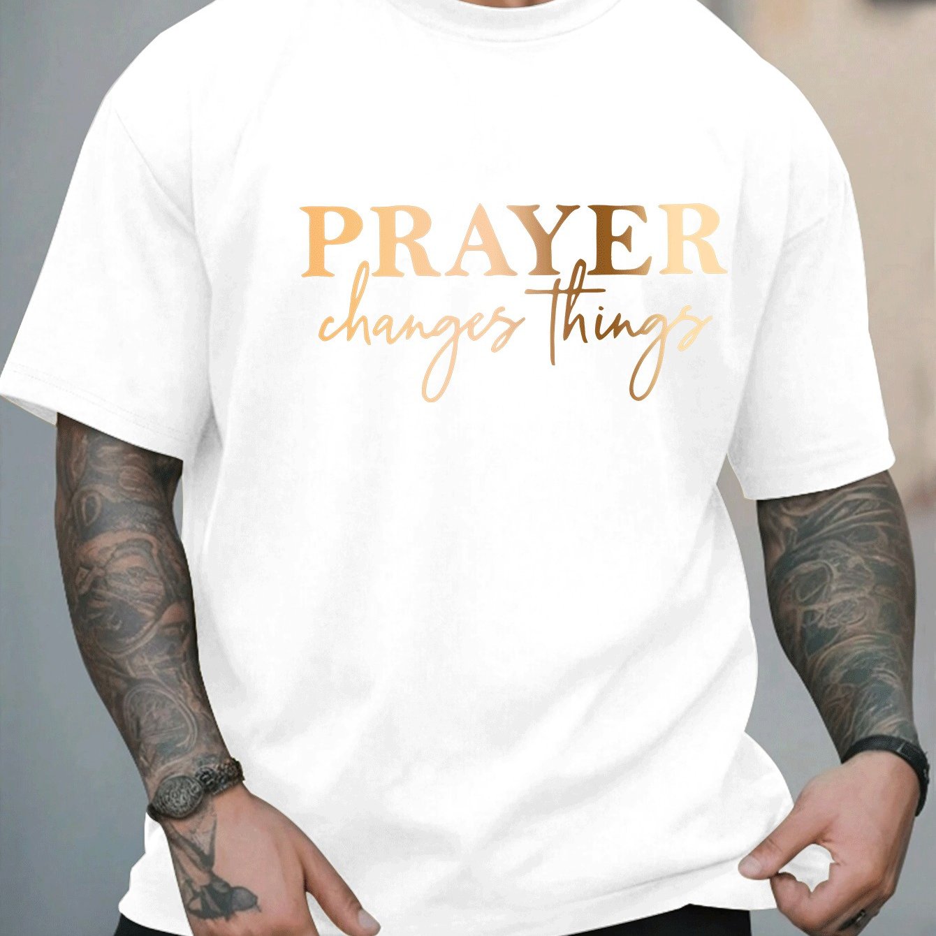 [Summer Fashion, Prayer Quote T-Shirt] Plus Size Men's Casual T-Shirt - "Prayer Changes Things" Quote, Geometric Pattern, Round Neck, Short Sleeve, Summer Fashion - Polyester Knit Fabric Top