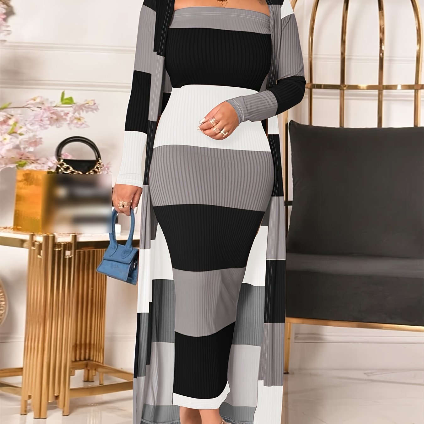 Plus Size - Plus Size Women'S Striped Tube Dress + Jacket Two-Piece Set - Black & White Stripes, Ribbed Fabric, Long Sleeve, Loose Fit, Stretchy Polyester Blend, Perfect for Spring & Fall