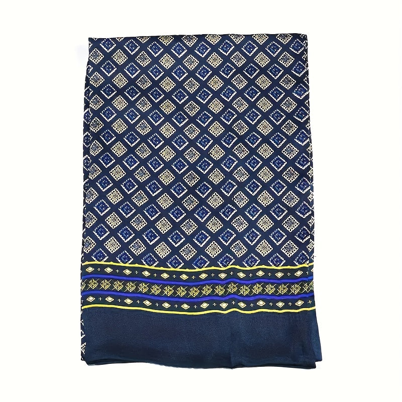 Luxurious Navy Blue Scarf for Men with Golden and Yellow Geometric Patterns - Elegant Business Style, Perfect for Casual Attire and Suit Matching