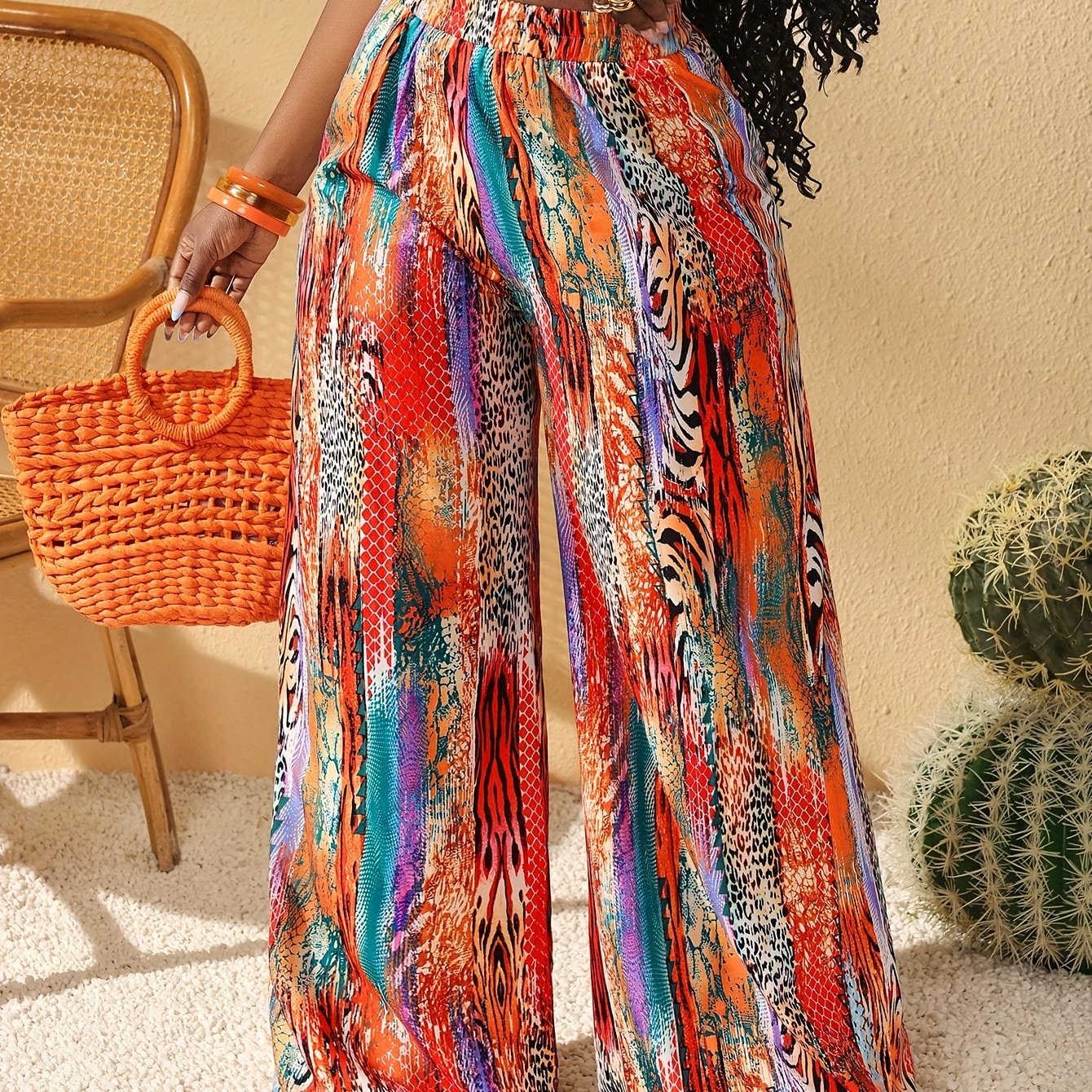 Women'S Vibrant Floral Print Wide-Leg Pants - High-Waisted, Loose Fit, Lightweight & Breathable for Spring/Summer Vacation Style, Casual Beachwear, Vacation Clothing | Vibrant Print Pants | Lightweight Fabric, Elegant Pants F