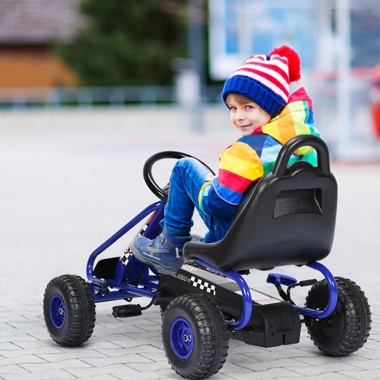 COSTWAY Heavy-Duty Pedal Go Kart Ages 3-6, 66 lbs Capacity, 4-Wheel Non-Slip Ride-On Car with Adjustable Seat & Handbrake, Blue & Black Sturdy Frame, All-Terrain Pedal-Powered Outdoor/Indoor Racer &, 's Vehicle, Indoor Kart,