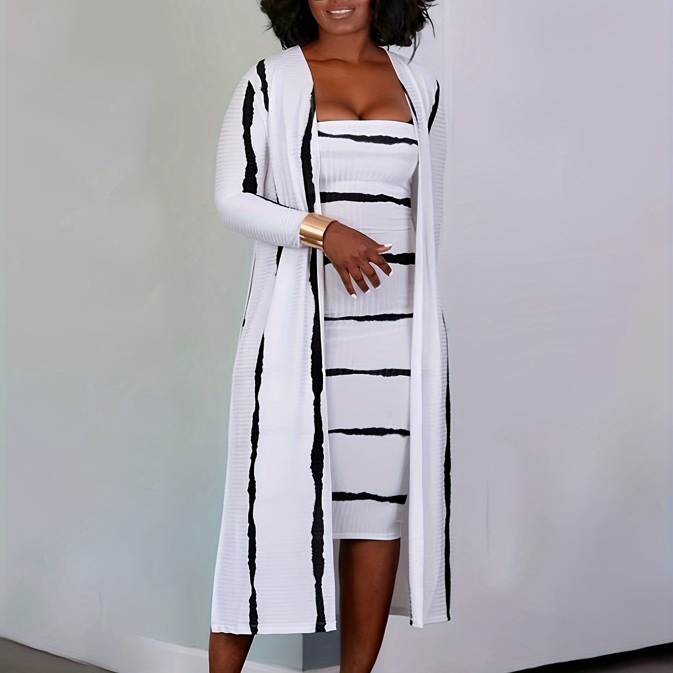 Striped Matching Two-piece Set, Casual Long Sleeve Open Front Split Cardigan & Slim Ribbed Midi Tube Dress Outfits, Women's Clothing