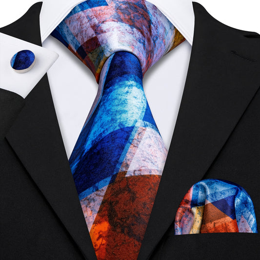 3pcs/SET Mens Tie Vintage Fashion Blue Oarnge Red Pringting Tie Necktie Handkerchief Hanky Cufflinks Set Formal