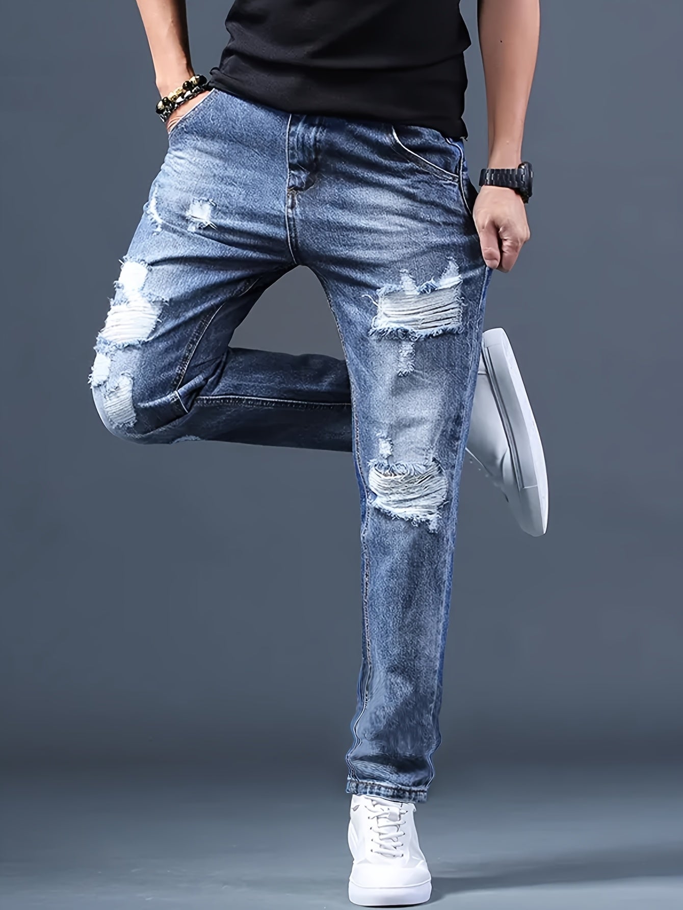 Men's Jeans Straight-leg, Non-stretch Ripped Men's Trousers Style Bicycle Street Chic Blue Frayed Jeans Suitable for All Seasons