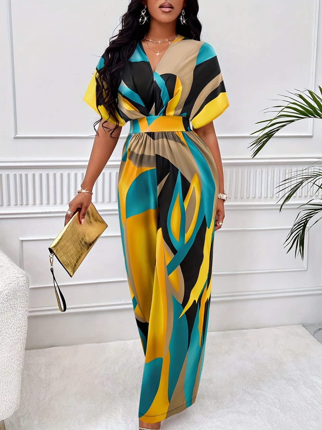 [Vibrant Jumpsuit] Vibrant Geometric Women's Jumpsuit - V-Neck, Polyester, Batwing Sleeves, Tie Waist, Machine Washable, Perfect for All Seasons