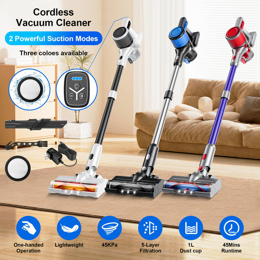 Cordless Stick Vacuum Cleaner - 45kPa Powerful Vacuum Cleaners For Home, Stick Vacuum Rechargeable With 2600mAh Rechargeable Battery, Up To 45 Mins, Portable Handheld Vacuum For Hardwood Carpet Pet Hair