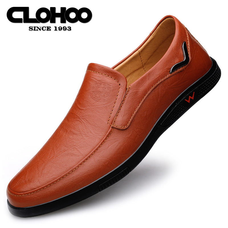 CLOHOO Men's Slip-On Casual Shoes - Genuine Leather Upper, Rubber Sole with PU Cushioned Insole, All-Season Comfort for Business , Brown/Black, Casual Footwear | Classic Slip on | Rubber Sole Footwear