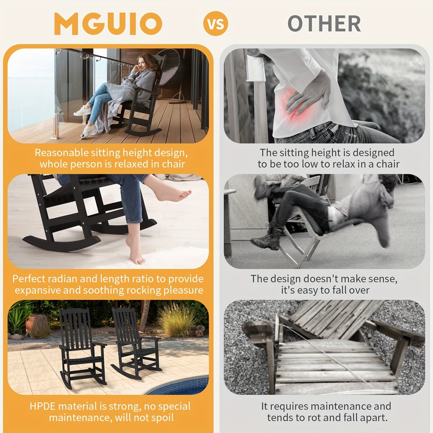 Patio Rocking Chair Set of 2 or Set of 4, Oversized Rocker Chair for Adult, All Weather Rocking Chair Outdoor, High Back Porch Rocker, Rocking Chairs for Garden, Backyard