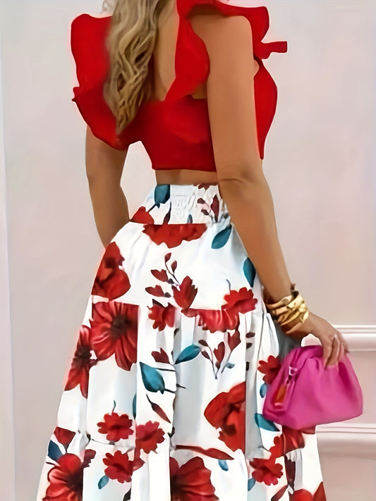 Women'S Floral Print Blouse & Skirt Set - Elegant Red & White Flowers, Polyester, Boat Neck, Sleeveless Top with Ruffle Detail, Flowy Skirt for Spring/Summer, Casual Attire | Floral Print Top | Polyester Fabri