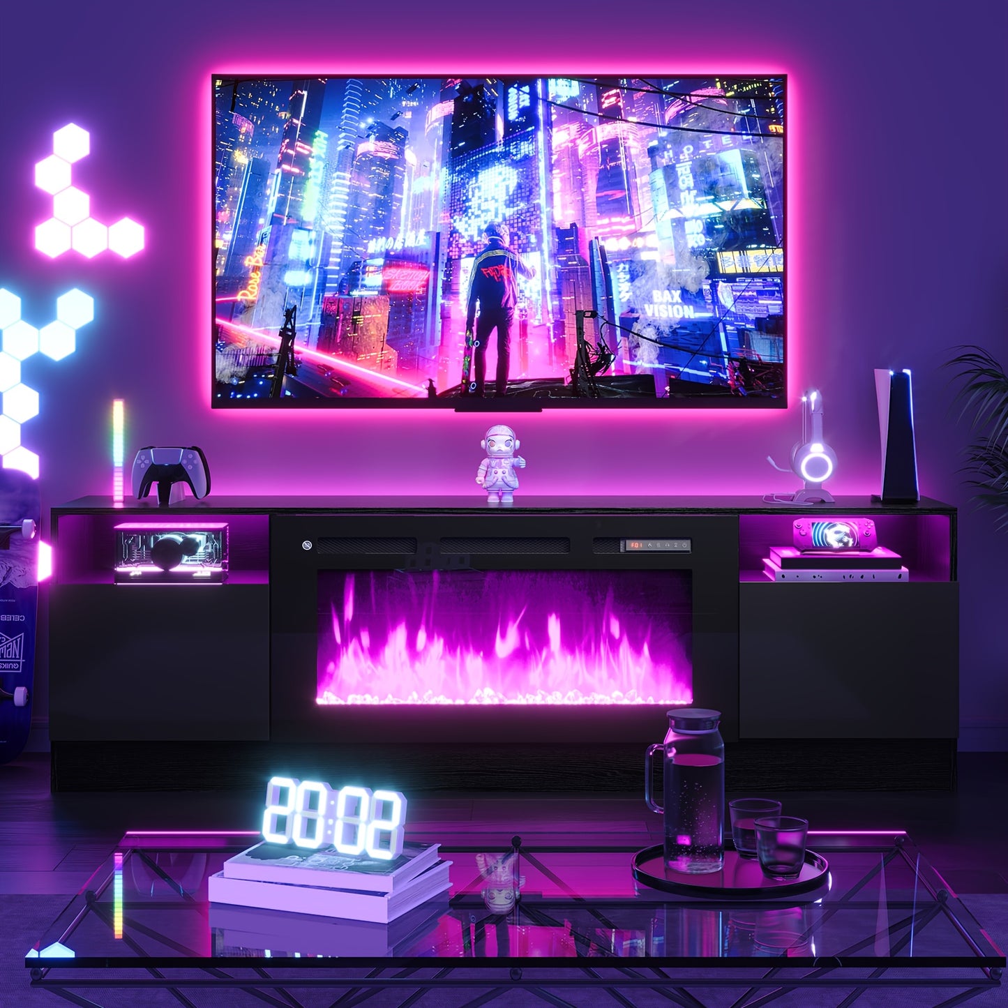 Modern Electric Fireplace TV Stand Entertainment Center with 36.3" Wall-Mounted Fireplace, 12-Color LED Lights, High-Gloss Storage Cabinet & Hardwood Construction - Fits TVs Up to 80", Energy-Efficient, Adjustable Timer