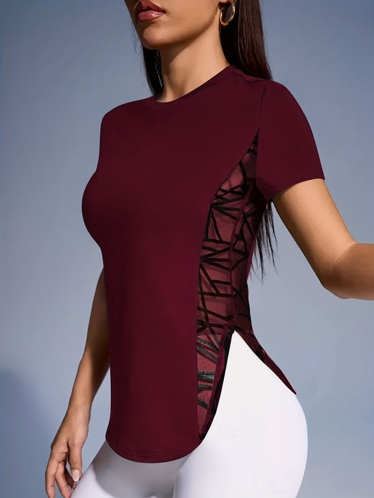 Women'S Slim Fit Short Sleeve T-Shirt with Side Mesh Panel Detail - Breathable Round Neck Top for, Casual & Party Wear, Spring/Summer Elegant Solid Color Tee, Machine Washable, Clothes, Apparel, Stylish Contrast Detailing, Co