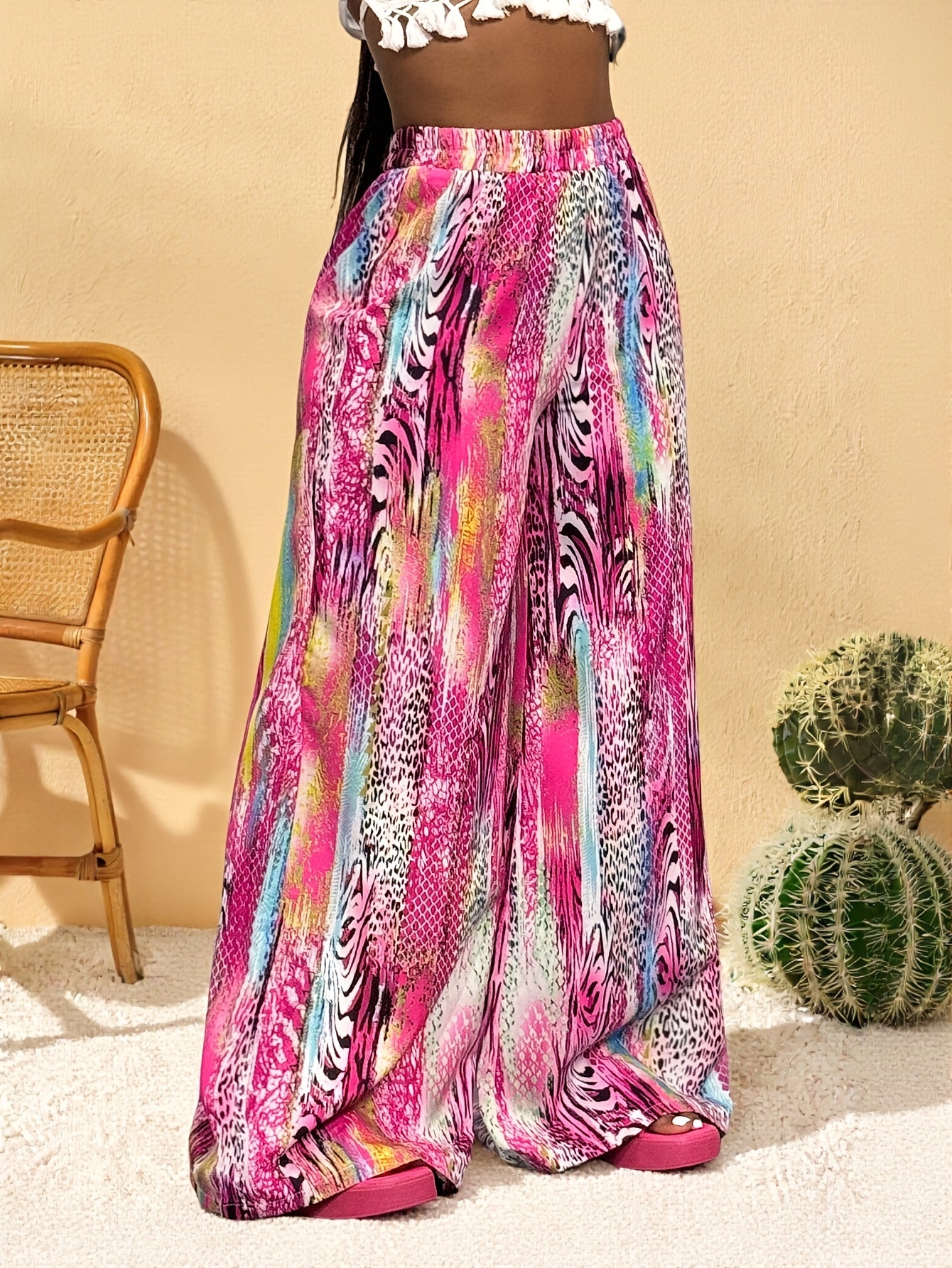 Women'S Vibrant Floral Print Wide-Leg Pants - High-Waisted, Loose Fit, Lightweight & Breathable for Spring/Summer Vacation Style, Casual Beachwear, Vacation Clothing | Vibrant Print Pants | Lightweight Fabric, Elegant Pants F