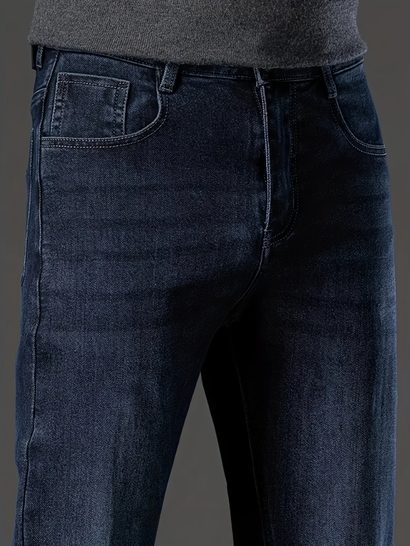 HME Men'S Thermal Insulated Fleece-Like Faux Denim Faux Denim - Mid-Rise Straight-Leg Winter Pants with YKK Zipper Closure, Machine Washable & Beltless Design, Business Casual & Casual Attire, Cold-Resistant Stretch Fabric (R