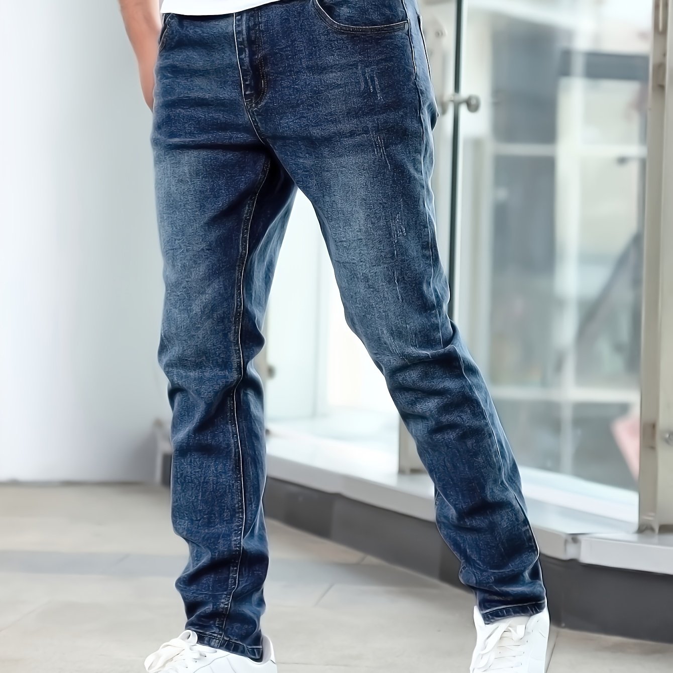 Men'S Jeans Slim Blue Stretch Men'S Simple Casual Small Straight Business Men'S Pants, Suitable For All Seasons
