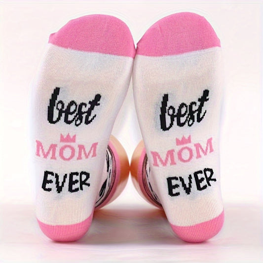Best Mom Socks Set(1/2/4/6 Pairs)- Comfortable and Breathable Mid-Calf Socks, Pink Text and Crown Pattern Design, Perfect Mother's Day Gift, Cute Socks