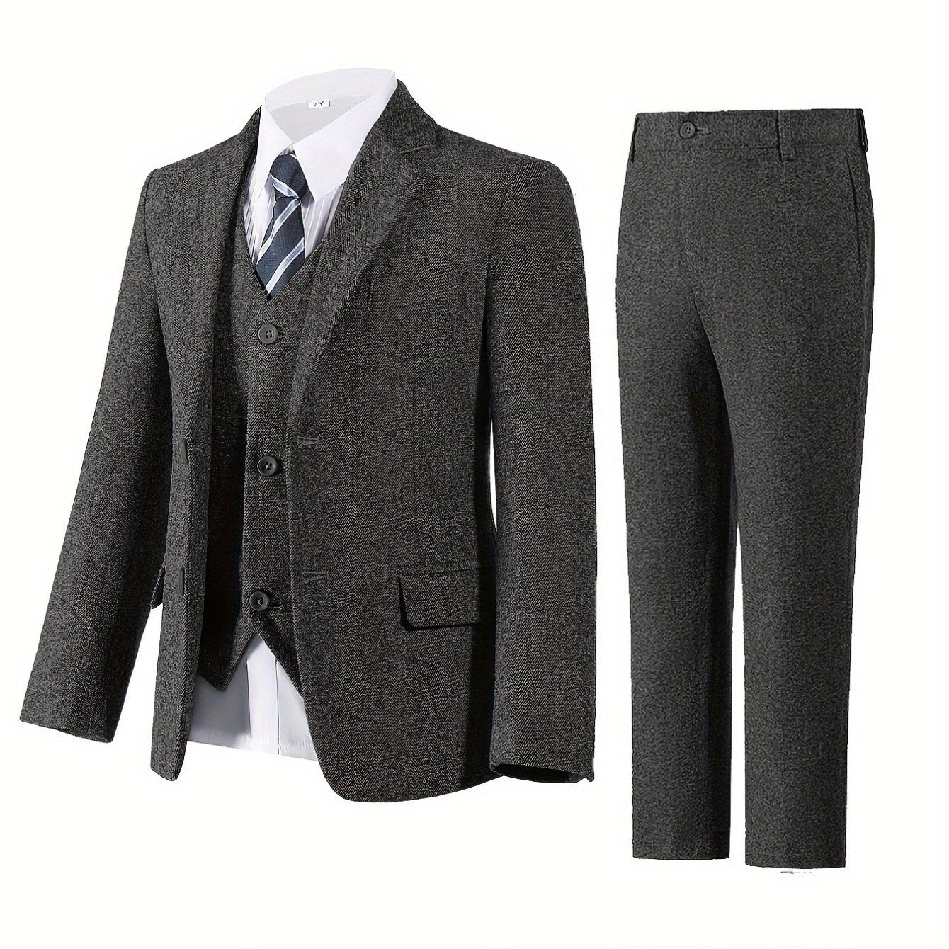 Boys' 3pcs Slim Fit Tuxedo-Style Suit Set Herringbone Jacket Vest Dress Pants Formal Wedding Attire with Ring Bearer Gloves