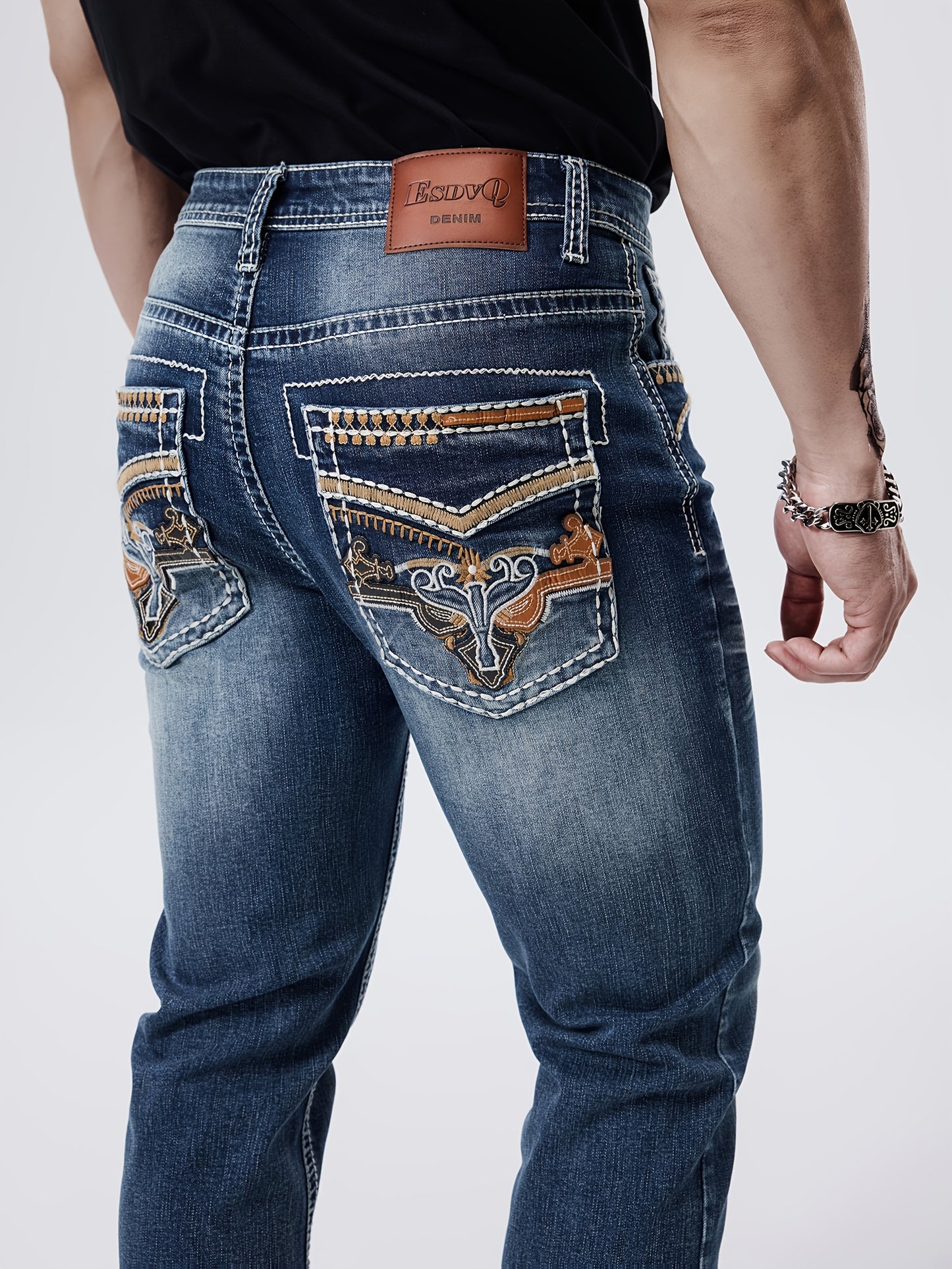 Men'S ESDVQ Embroidered Denim Jeans - Stretchy, All-Season, Casual Straight Leg Jeans With Brown Boots, Casual Attire | Embroidered Jeans | Casual Fit Jeans