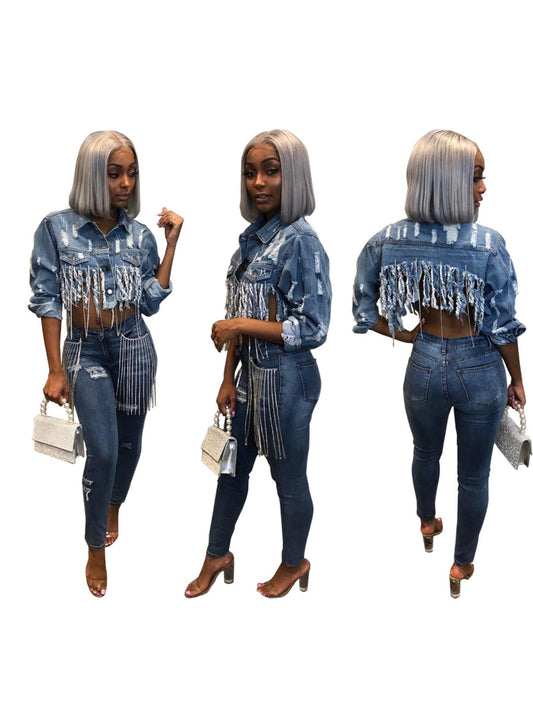 Women's Short Denim Jacket - European & American Retro Style Blue Washed Collar & Fringe Details, Stretchy Short Length (No Bulk) - Blue/Denim Color Block Pocket Jacket for Spring Summer Fall, Casual to Dressy Outfits (Machin
