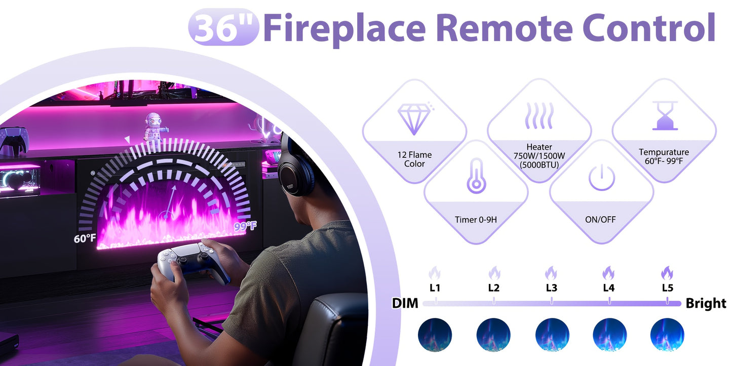 Modern Electric Fireplace TV Stand Entertainment Center with 36.3" Wall-Mounted Fireplace, 12-Color LED Lights, High-Gloss Storage Cabinet & Hardwood Construction - Fits TVs Up to 80", Energy-Efficient, Adjustable Timer