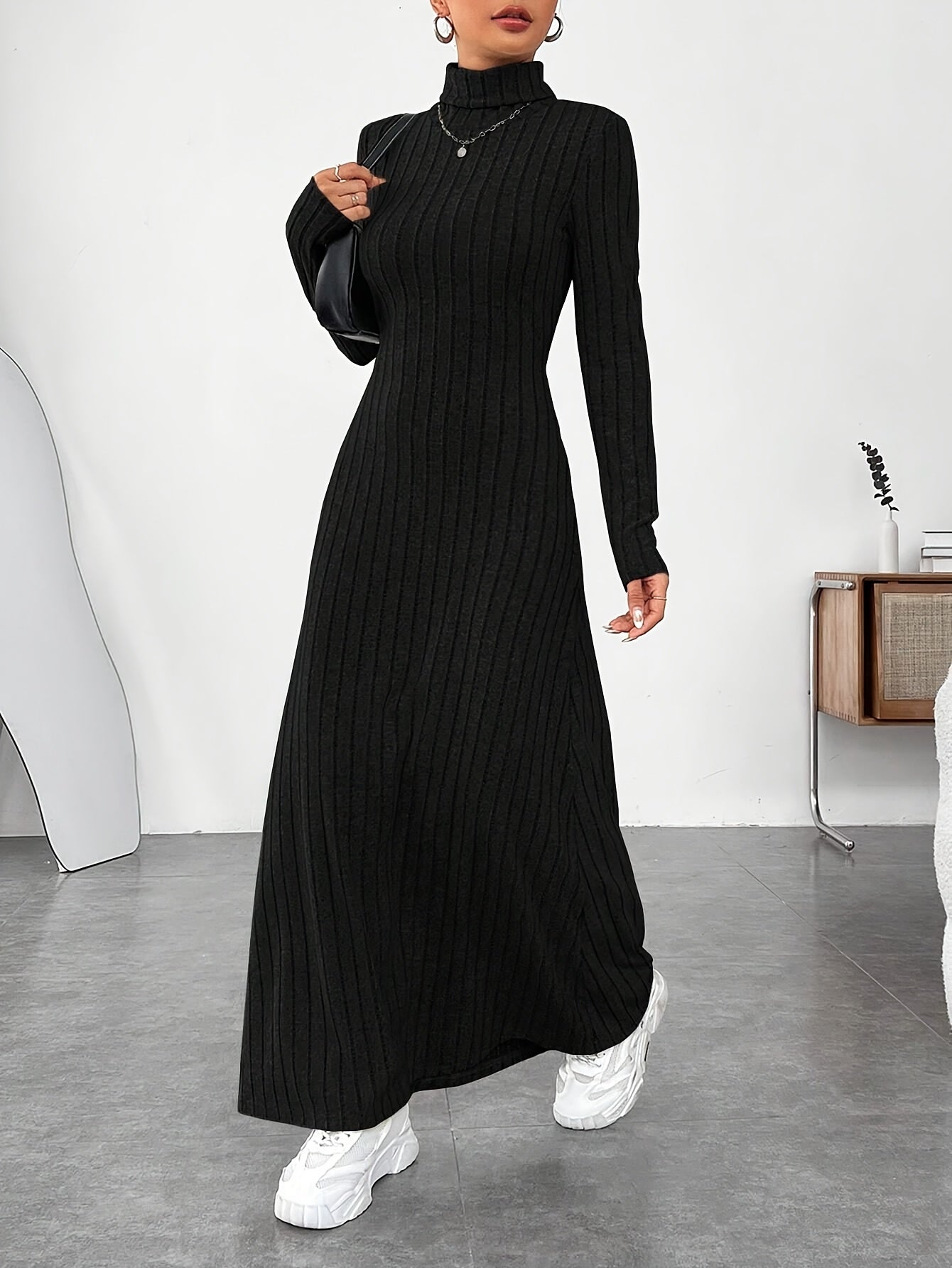 1pc Elegant High Neck Knit Dress for Women - Polyester Midi Fit and Flare with Long Sleeves, Solid Color, Skinny Fit, No Belt - Ideal for Fall/Winter Season