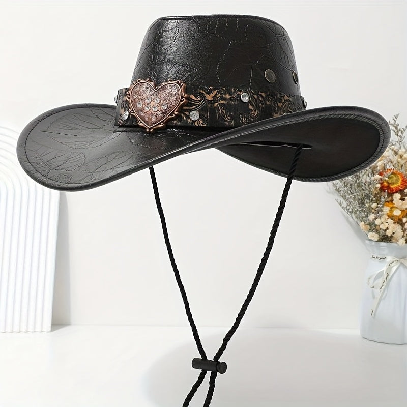 1pc Elegant Heart Pattern Faux Leather Cowboy Hat, Unisex Fedora Style Western Hat, Lightweight, Non-Stretch Fabric, with Diamond Accents for Travel, Parties, and Daily Wear