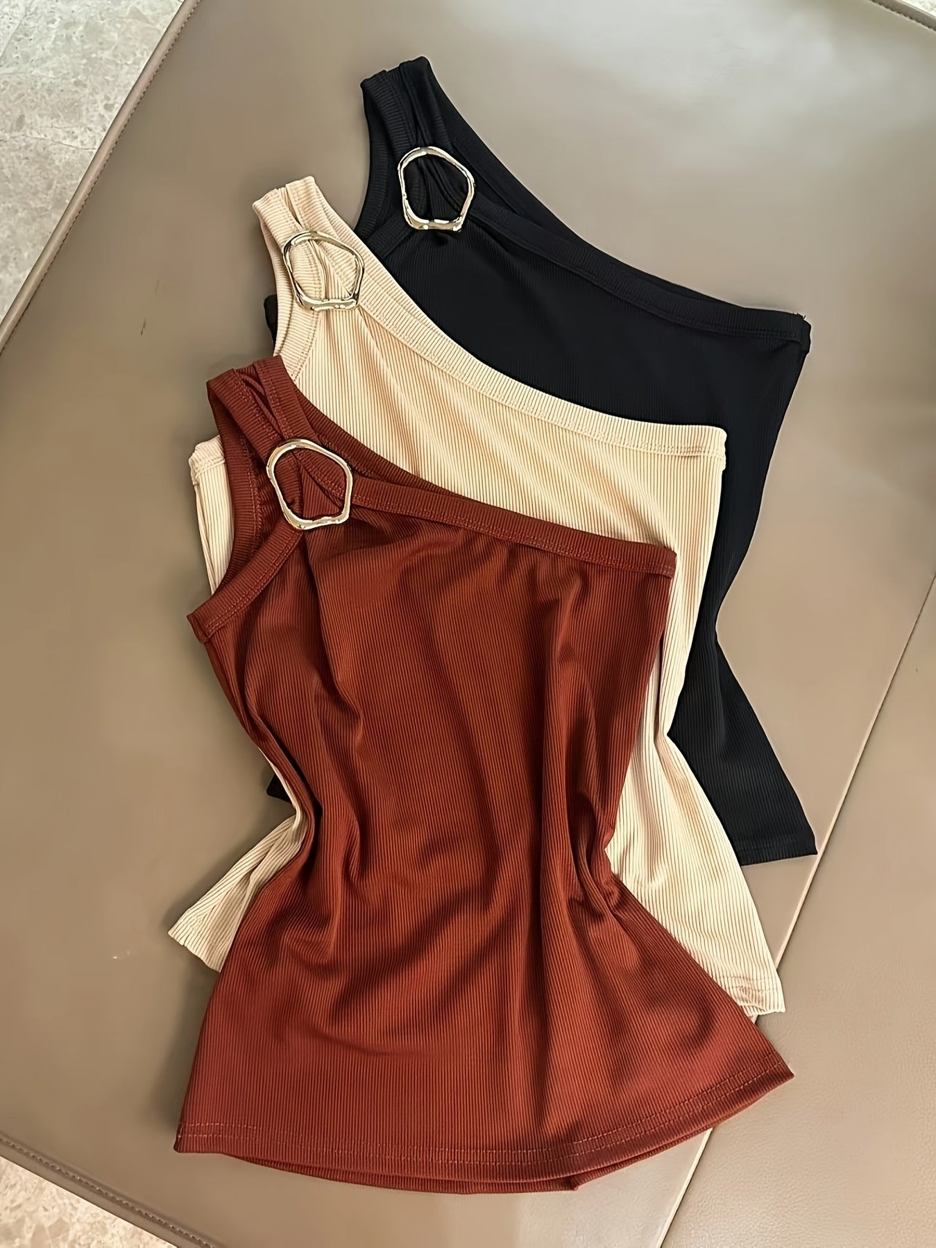 Summer Sexy Slim-Fit Design Metal Buckle Pullover Vest Three-Piece Set