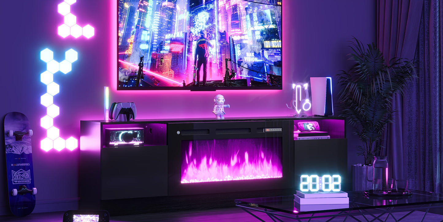 Modern Electric Fireplace TV Stand Entertainment Center with 36.3" Wall-Mounted Fireplace, 12-Color LED Lights, High-Gloss Storage Cabinet & Hardwood Construction - Fits TVs Up to 80", Energy-Efficient, Adjustable Timer