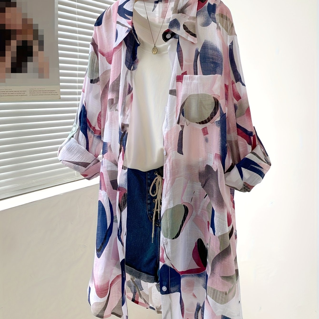 Women's All-Season Casual Elegant Blouse - Lightweight Semi-Sheer Geometric Print Long Sleeve Shirt, Loose Fit Collar Button-Up Cardigan Style Top for Outdoor & Leisure Wear, Collar Design, Breathable Fabric, Delicate Texture