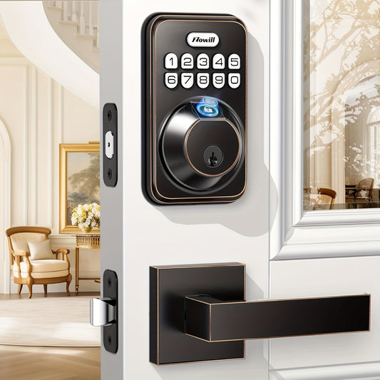 Fingerprint Front Door Lock Set with 2 Handles - Auto Lock & One-Touch Lock, Easy Install, Electronic Keypad Deadbolt, Keyless Entry Door Lock with Handle for Front Door