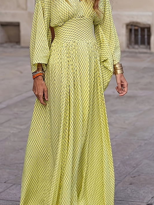 Long Sleeve Dress Women'S Batwing Sleeves V Neck Pleated Waist Flowing Dress Geometric Style Autumn Cocktail Party Evening Dress