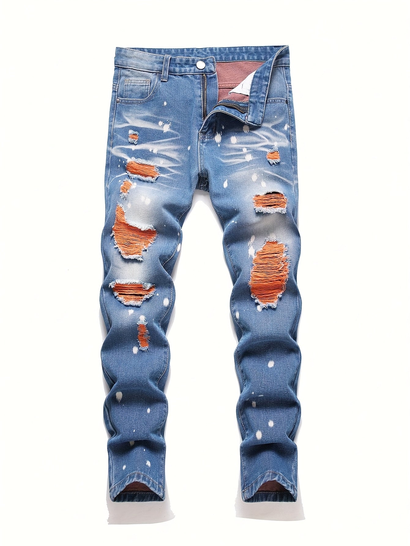 's & 's Youth Light Blue Distressed Denim Jeans - Heavy-Wash Light Blue with Orange Accents, Slim-Fit Straight Leg Pants with Frayed Hem & Belt Loop Closure, Machine Washable All-Season Casual Jeans for Teens & Young Adults (