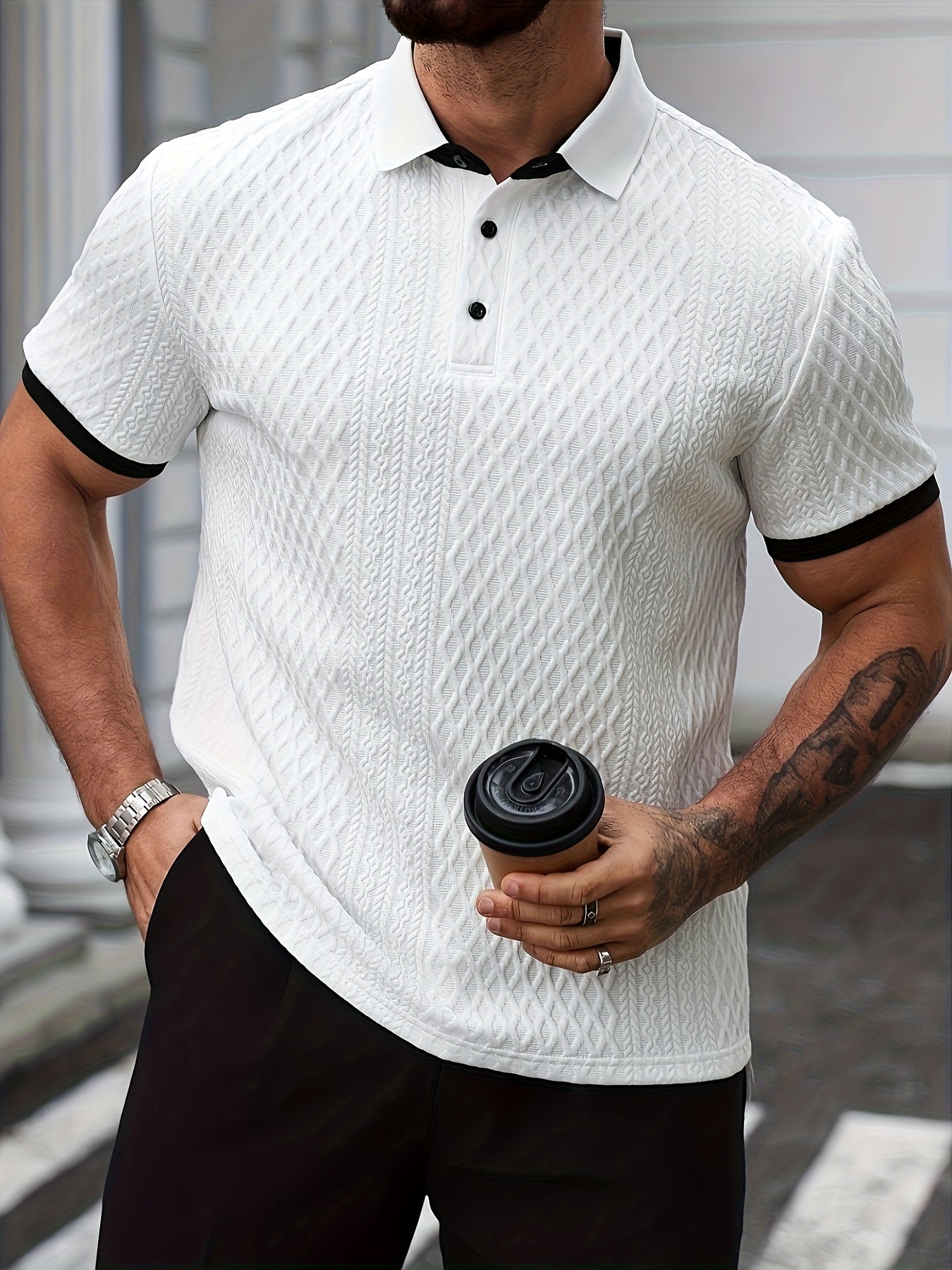 Men'S Stylish Two-Tone Polo Shirt - Soft, Breathable Fabric with Jacquard Design, Short Sleeve, Button-Up Collar - Perfect for Business, Outdoor, and Casual Wear