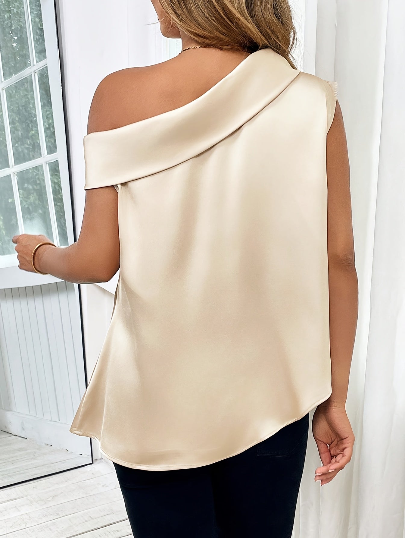 Elegant Off-Shoulder Blouse for Women - Chic Asymmetrical Neckline, Solid Color, All-Season Versatile Top, Perfect for Casual or Stylish Outfits, Versatile Fashion | Chic Off shoulder | Asymmetrical Neckline, Ladies Blouses