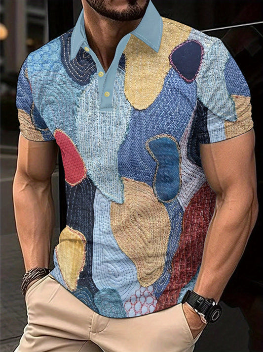 Men'S Casual Geometric Patchwork Printed Short-Sleeved Sports POLO Shirt