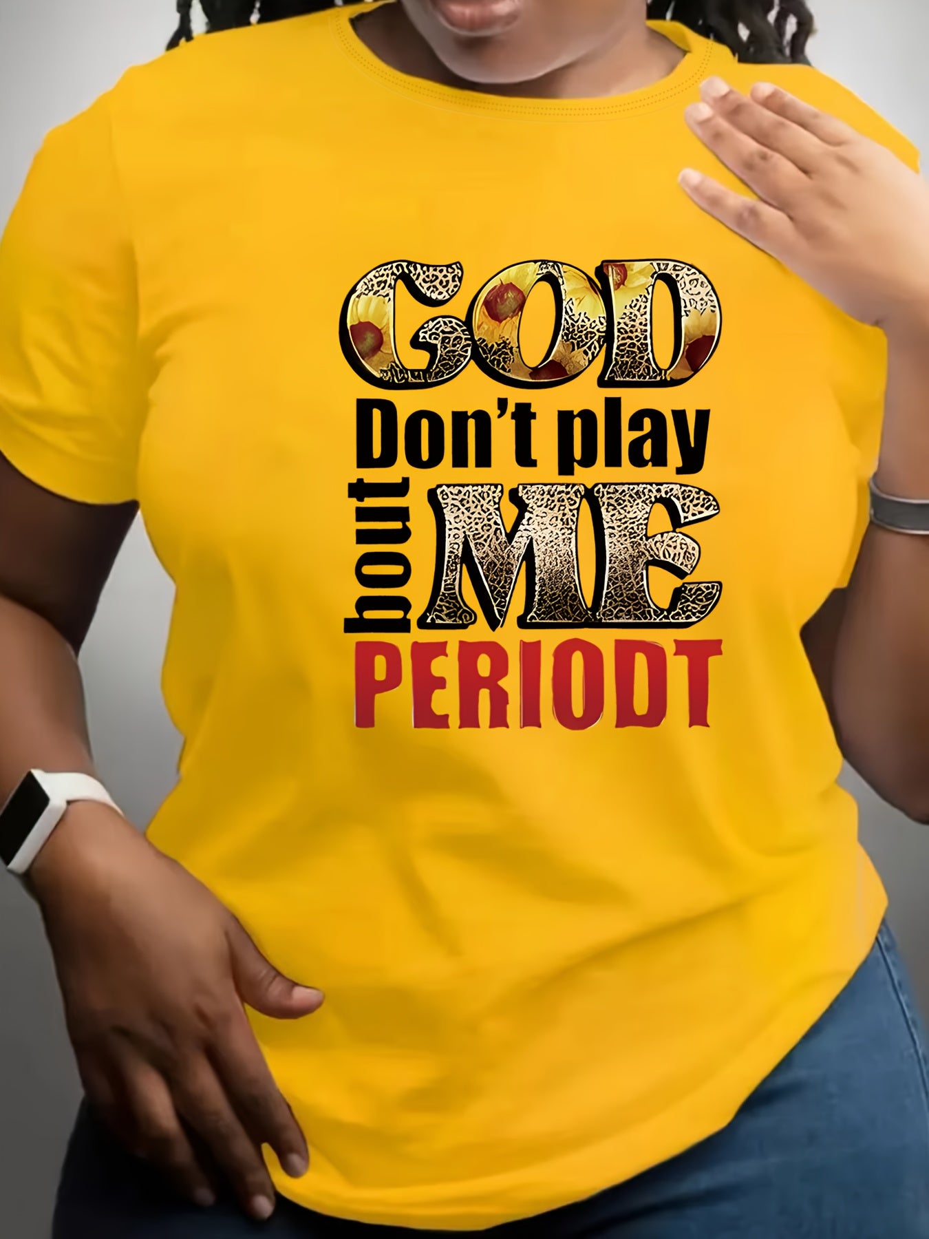 Plus Size Women's T-Shirt - "God Don't Play with Me" Graphic, Yellow Polyester Blend, Short Sleeve, Round Neck, Machine Washable