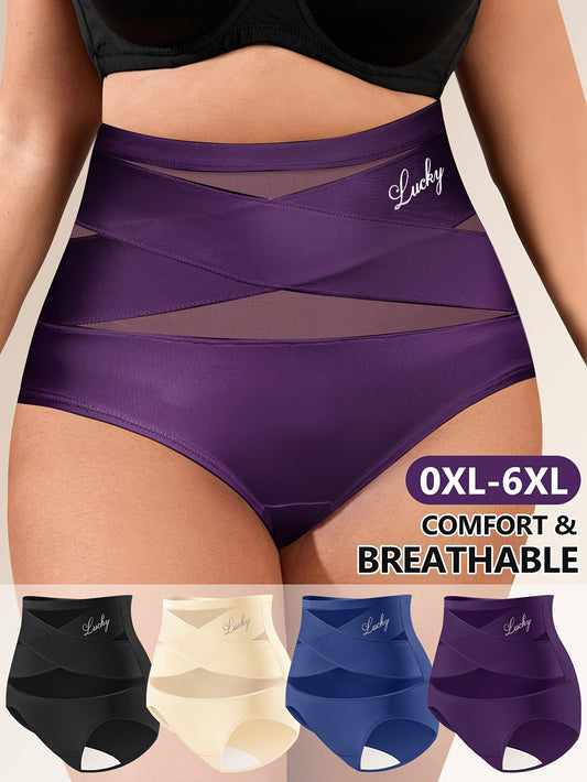Plus Size 4pcs High-Waist Breathable Mesh Tummy Control Shapewear - Seamless Cross Detail Women's Panties Briefs