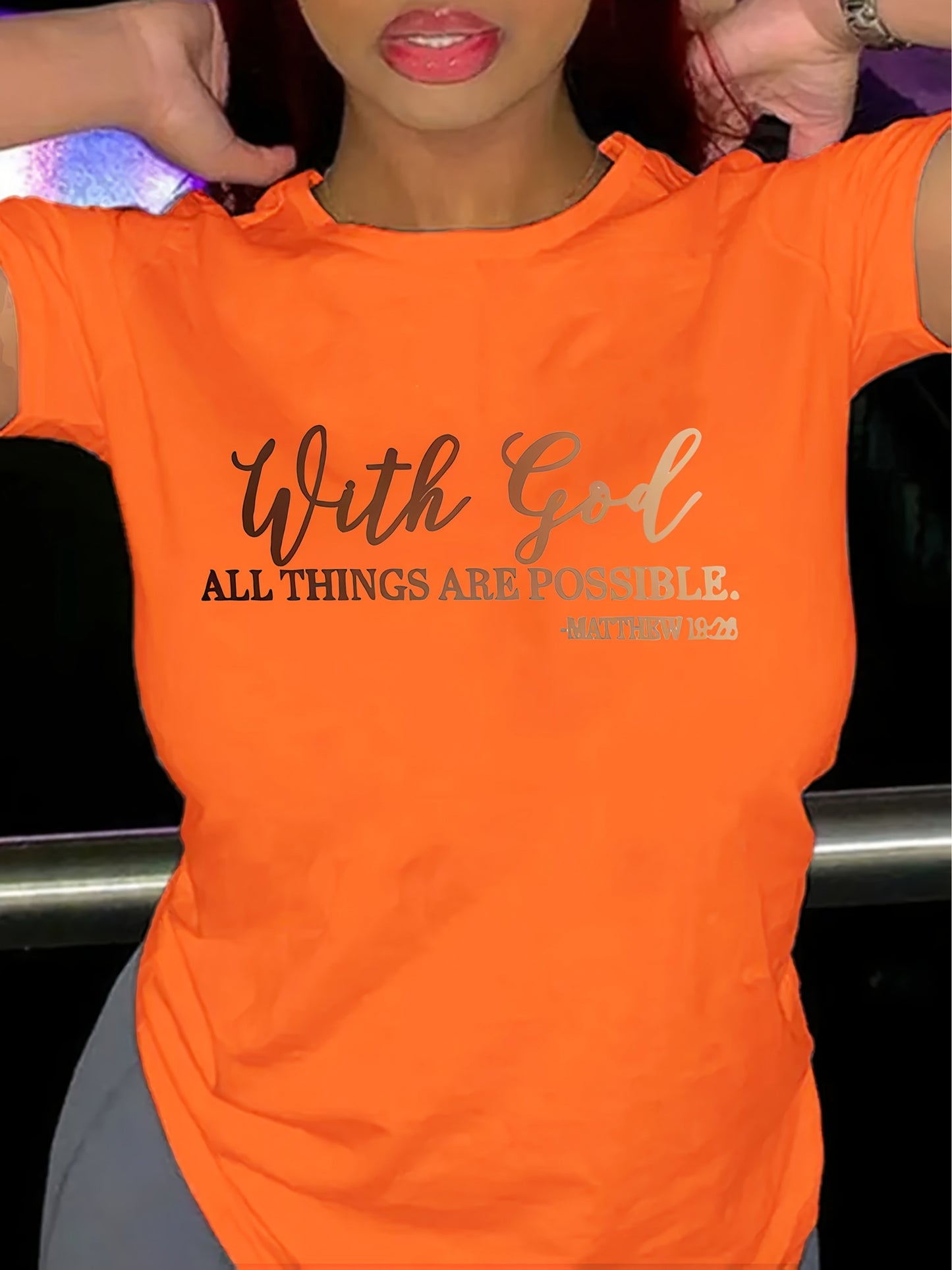 [Soft Christian Faith T-Shirt] Women's Soft Everyday Christian Faith T-Shirt | 'With God Everything is Possible' Bible Verse (Matthew 26:4) | Light Blue Casual Top for Church, Everyday Outfits | Machine Washable, Durable, Com