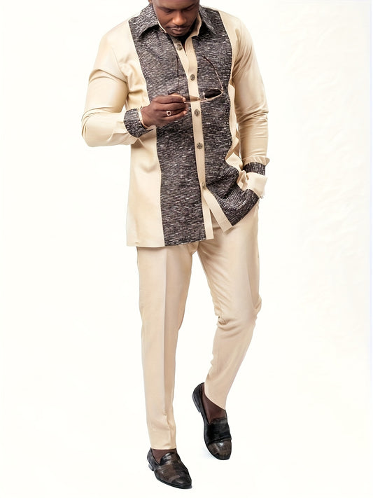 2025 new traditional Men's suit luxury gentleman shirt suit casual travel banquet Men's two-piece set fashion Men's suit Men's suit two-piece set long-sleeved ethnic style tops and pants full set luxury Men's casual suit