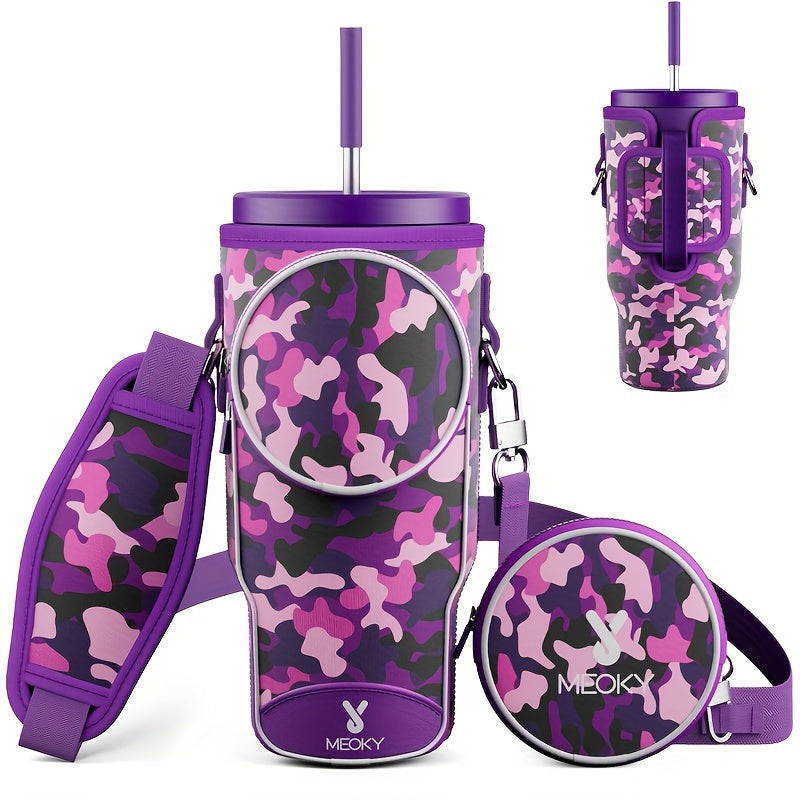 Meoky Water Bottle Carrier Bag With Phone Pocket For 40 Oz Tumbler With Handle, Neoprene Water Bottle Holder Pouch With Adjustable Strap, 2 Carabiner Clips