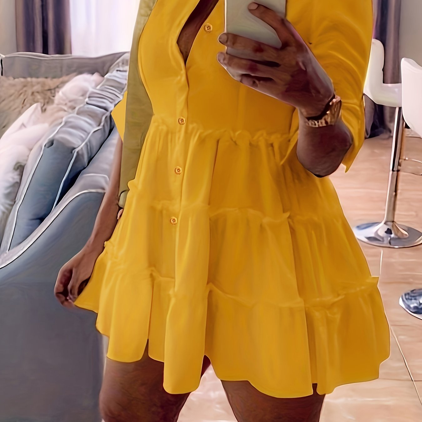 Single Elegant Half Sleeve Ruffle Trim Solid Color Shirt Dress for Spring & Summer, Women's Clothing