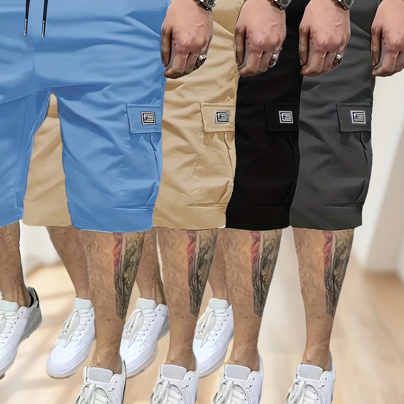 [Solid Color Cargo Shorts] 4-Pack Men's Casual Cargo Shorts - Solid Color, 100% Polyester, Non-Stretch Woven Fabric, Loose Fit, 135g/m², Summer Fashion