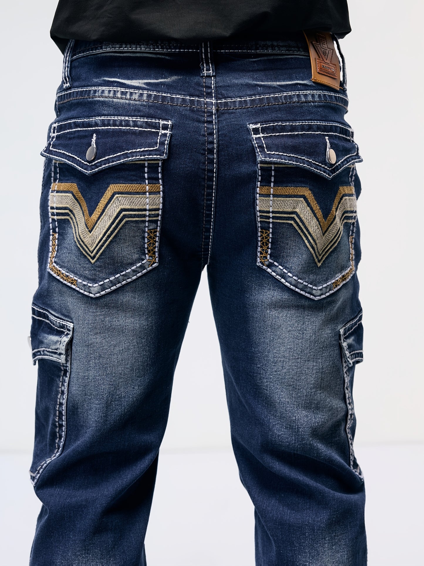 Men's Vintage Embroidered Stretch Denim Jeans with Multiple Pockets - Cotton Blend, Machine Washable