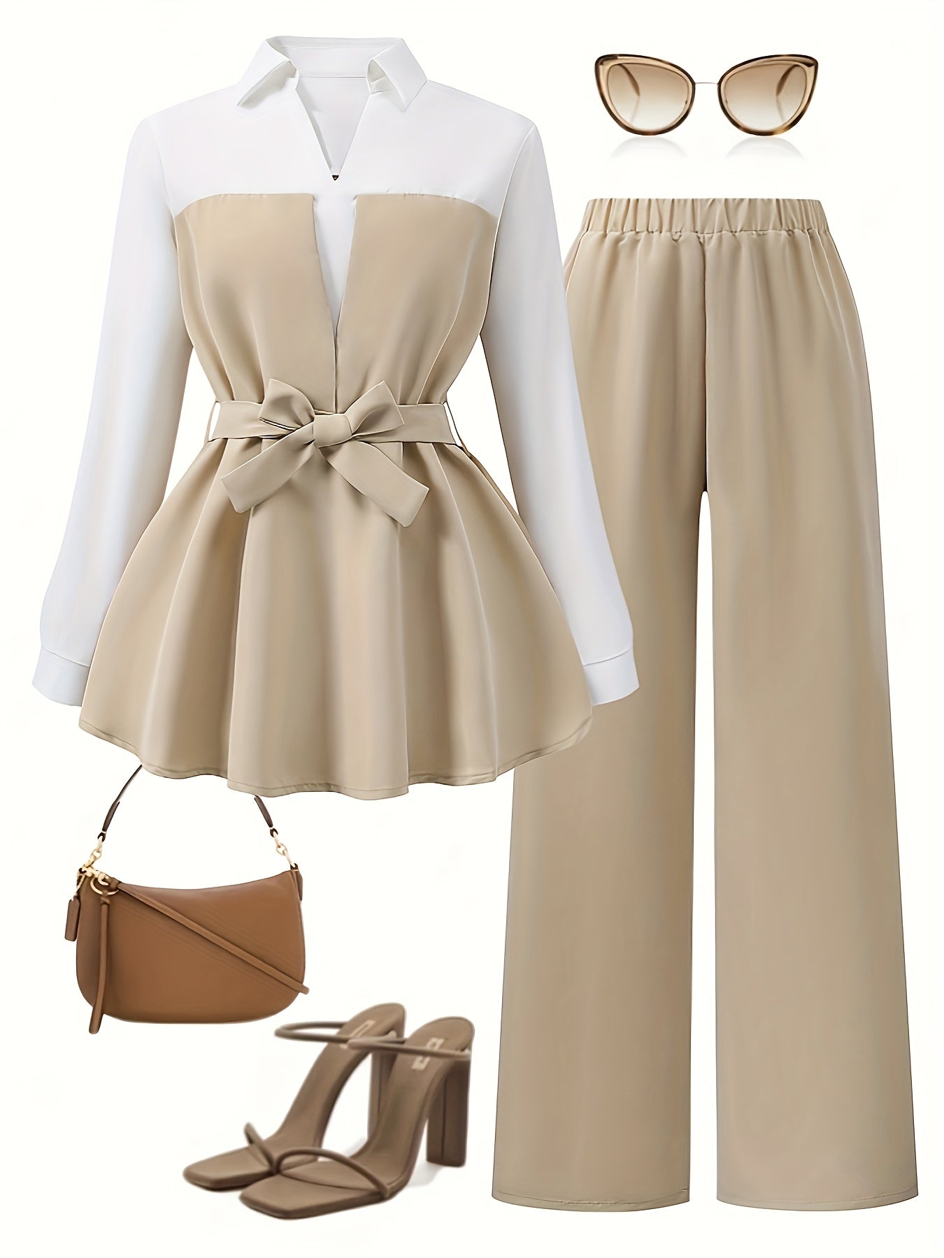 For The 2025 Elegant Vacation New Collection, Here'S A 2pcs Set Of Long-sleeved Shirt And Pants for Casual Wear And Commuting, Featuring Bowknot Details, Color-blocking, And Splicing Designs