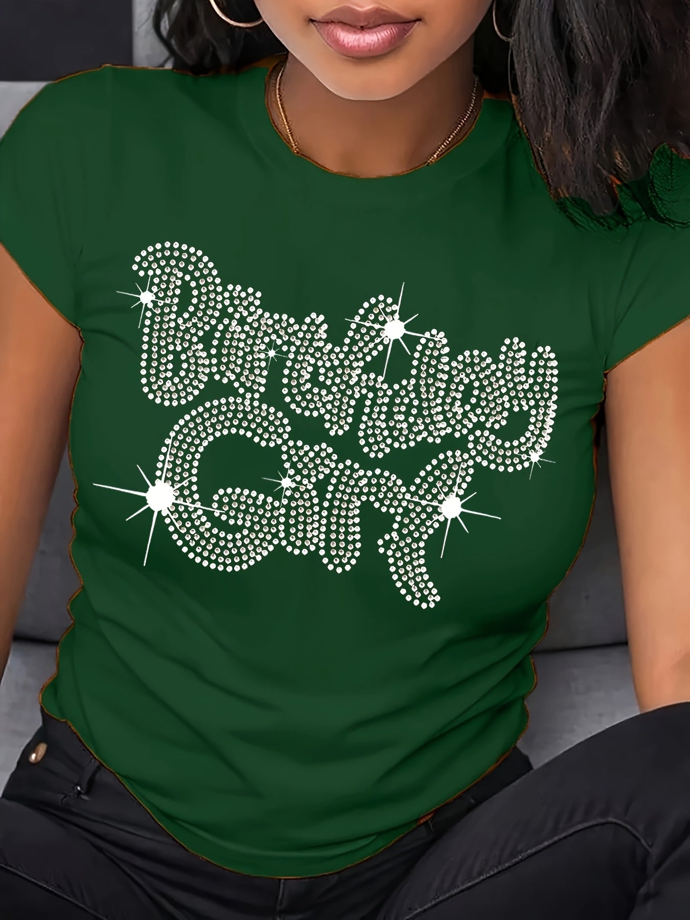 Celebratory Shine] Women's Sparkling Rhinestone "Birthday Girl" Graphic T-Shirt - Soft Polyester Knit, Crew Neck, Short Sleeve, Glittery Letter Print, All-Season Casual Wear, Festive Attire | Casual Crew Neck | Comfortable Fi