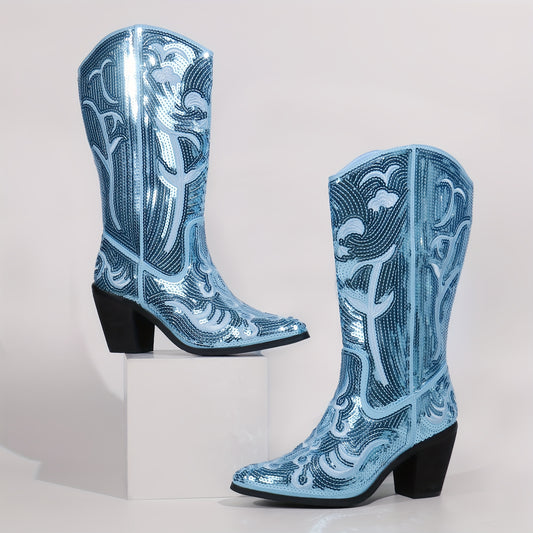 Women's Sequin Mid-Calf Western Cowboy Boots - Pink Embroidered Pointed Toe with Chunky Heel, Elegant Pull-On Zipper Design for Weddings, Halloween, Christmas & Formal Occasions, Wedding Boots | Elegant Cowgirl Boots | Durabl