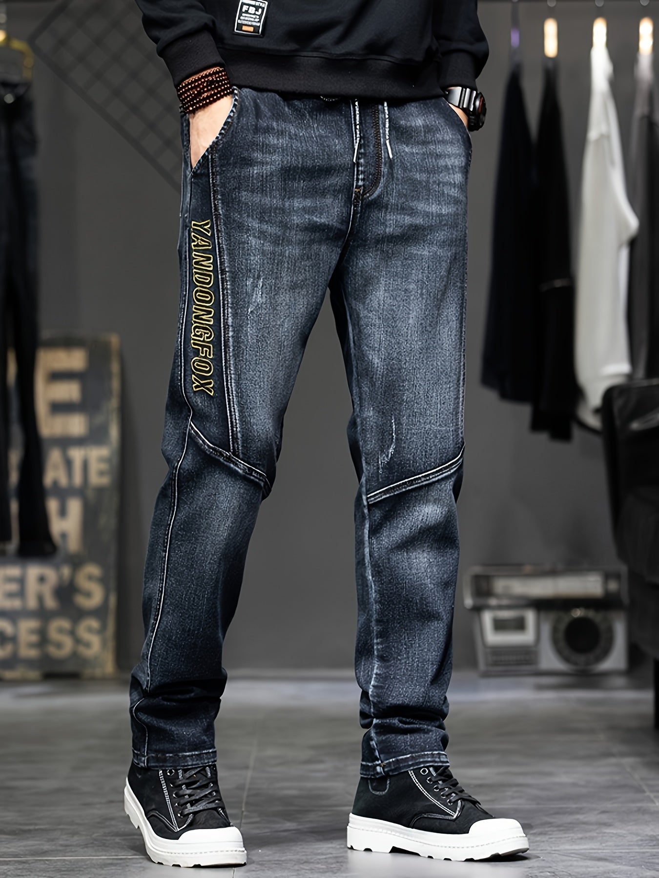 Men'S Slim-Fit Embroidered Denim Jeans with Adjustable Drawstring Waist - Stretch Straight-Leg Pants for Fall/Winter, Casual Casual Attire, Light Blue Washed Design, Comfortable Fashion, Fashionable Casualwear, Durable Fabric