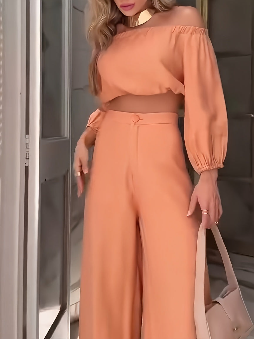 European and American Style Spring/Autumn One-Shoulder Short Top High-Waisted Wide Leg Pants Set Casual Fashion Two-Piece