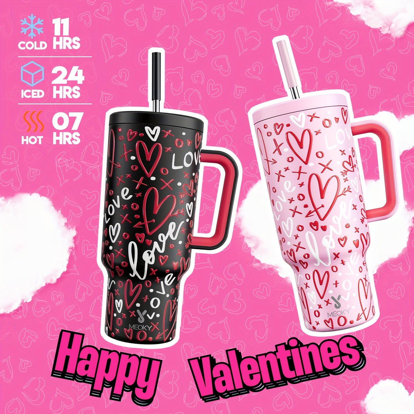 Meoky 40oz Insulated Stainless Steel Tumbler with Lid & Straw - Leakproof, BPA-Free, Perfect for Outdoor Adventures & Valentine's Day Gift