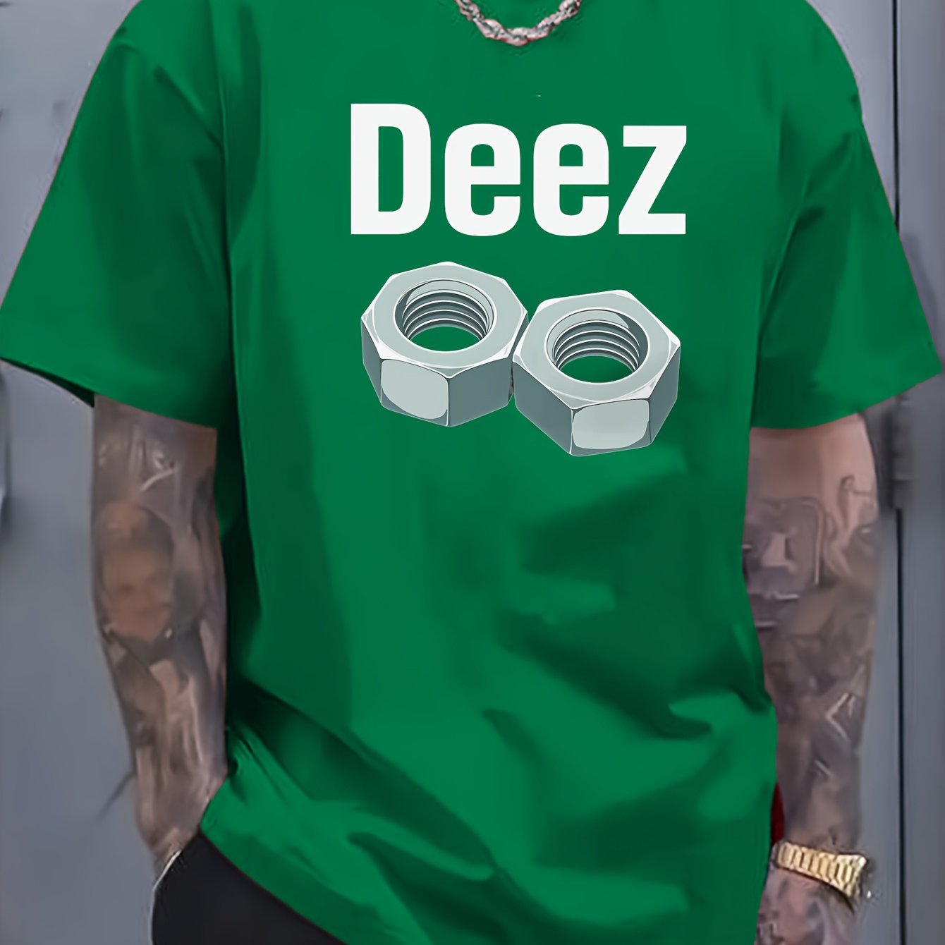 Men's Casual Loose Fit Round Neck T-Shirt - White Tee with Bold "Deez" Text & Nut Graphics, Machine Washable Streetwear Top for Everyday Comfort