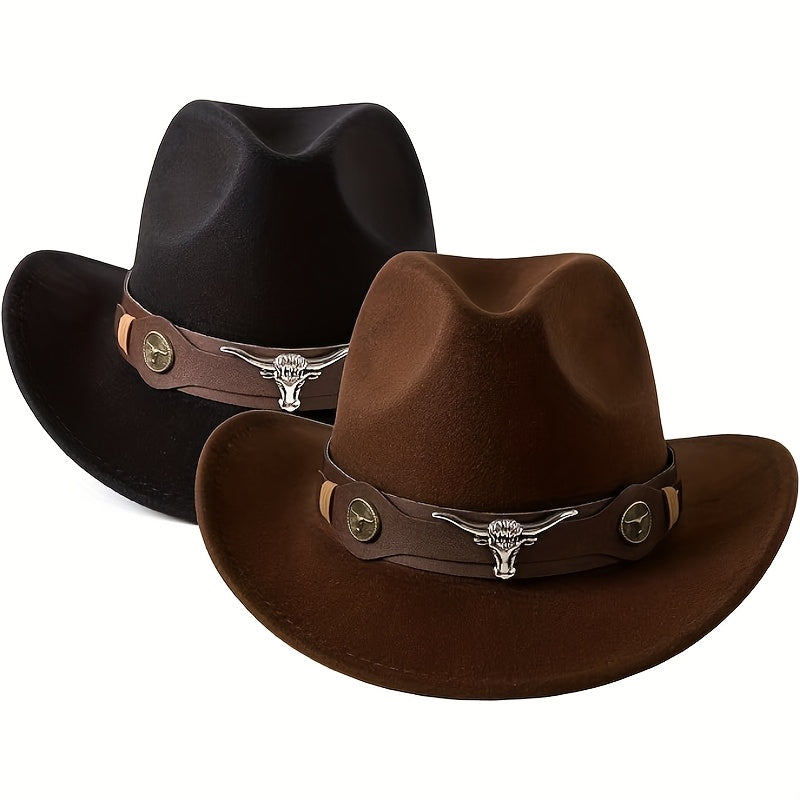 [2-Pack Western Cowboy Hats] 2-Pack Stylish Western Cowboy Hats, Beige & Brown, Unisex Polyester Felt Hats | Wide Brim Hat, Faux Leather & Bull Head Belt, Perfect for Western Themed Events, Costume Parties, and Outdoor Advent